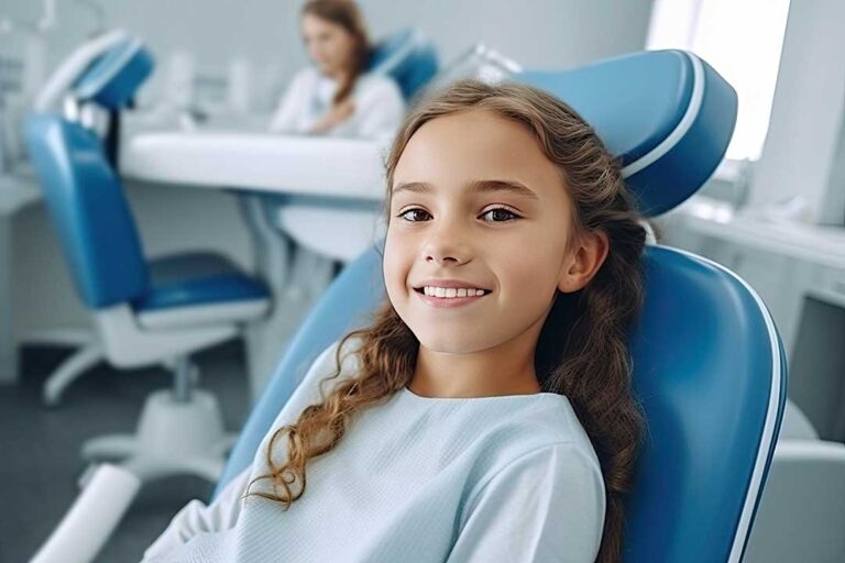 A toddler sits on a parent's lap while a dentist gently examines the child's mouth in a brightly lit office.